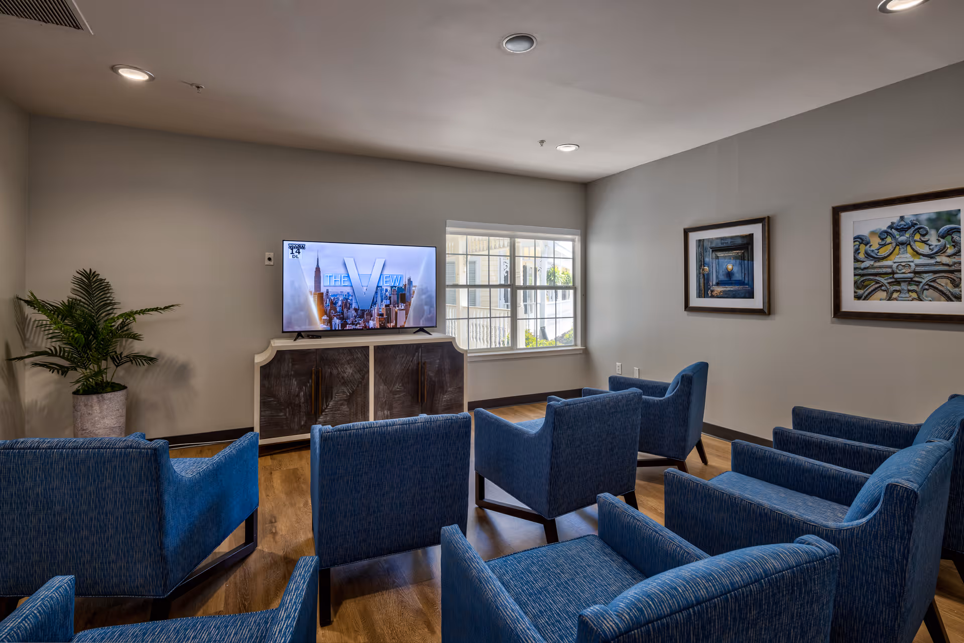 A cozy living room area with multiple blue upholstered armchairs arranged in rows facing a flat-screen TV on a wooden cabinet. There is a large window letting in natural light, a potted plant in the corner, and two framed pictures on the wall.