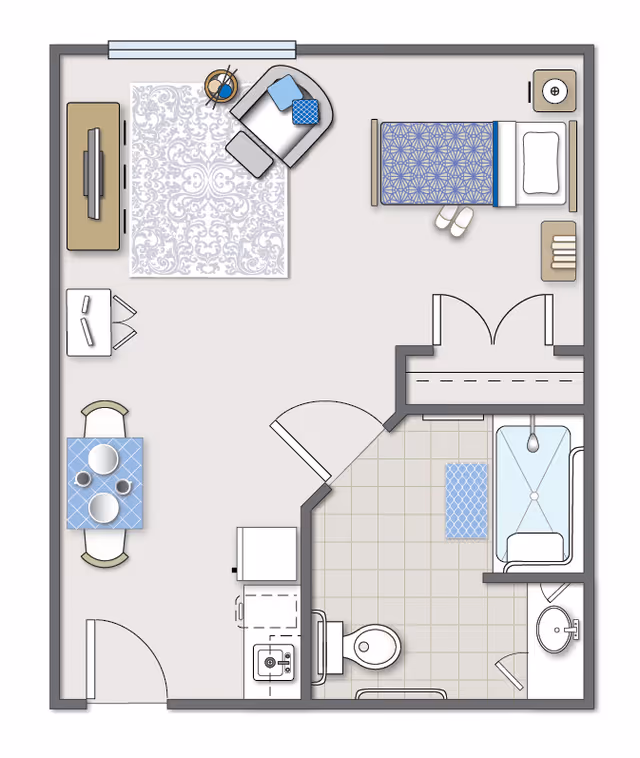Floor plan of a senior living unit showing a combined living and sleeping area with a bed, armchair, TV, small dining table with two chairs, and a kitchenette. The unit also includes a bathroom with a toilet, sink, and bathtub.