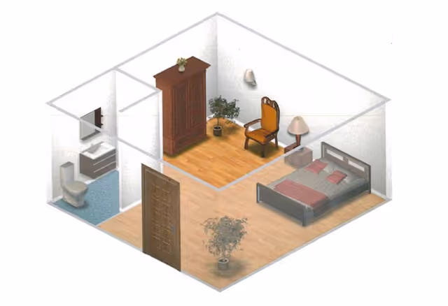 Isometric rendered floor plan of a bedroom with a bed, nightstand, armoire, chair and potted plants, plus an attached bathroom with a toilet and sink.