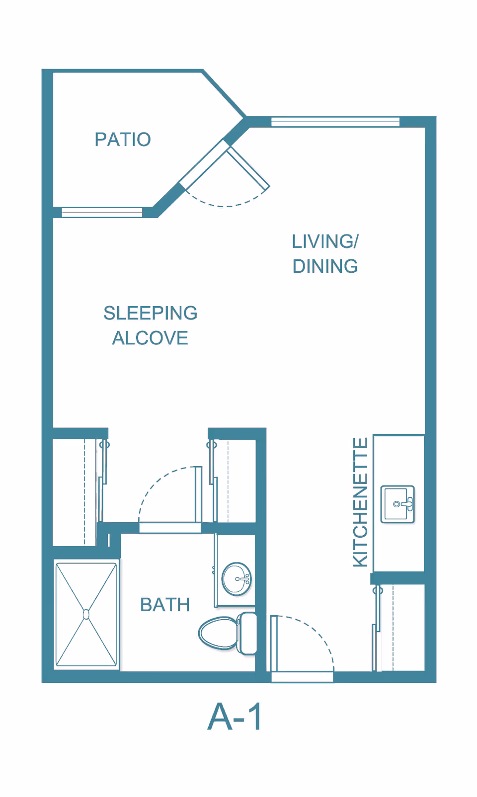Architectural floor plan of a studio apartment labeled A-1 at The El Dorado - Sky Active Living, showing a patio, sleeping alcove, living/dining area, kitchenette, and bathroom with shower, toilet, and sink.