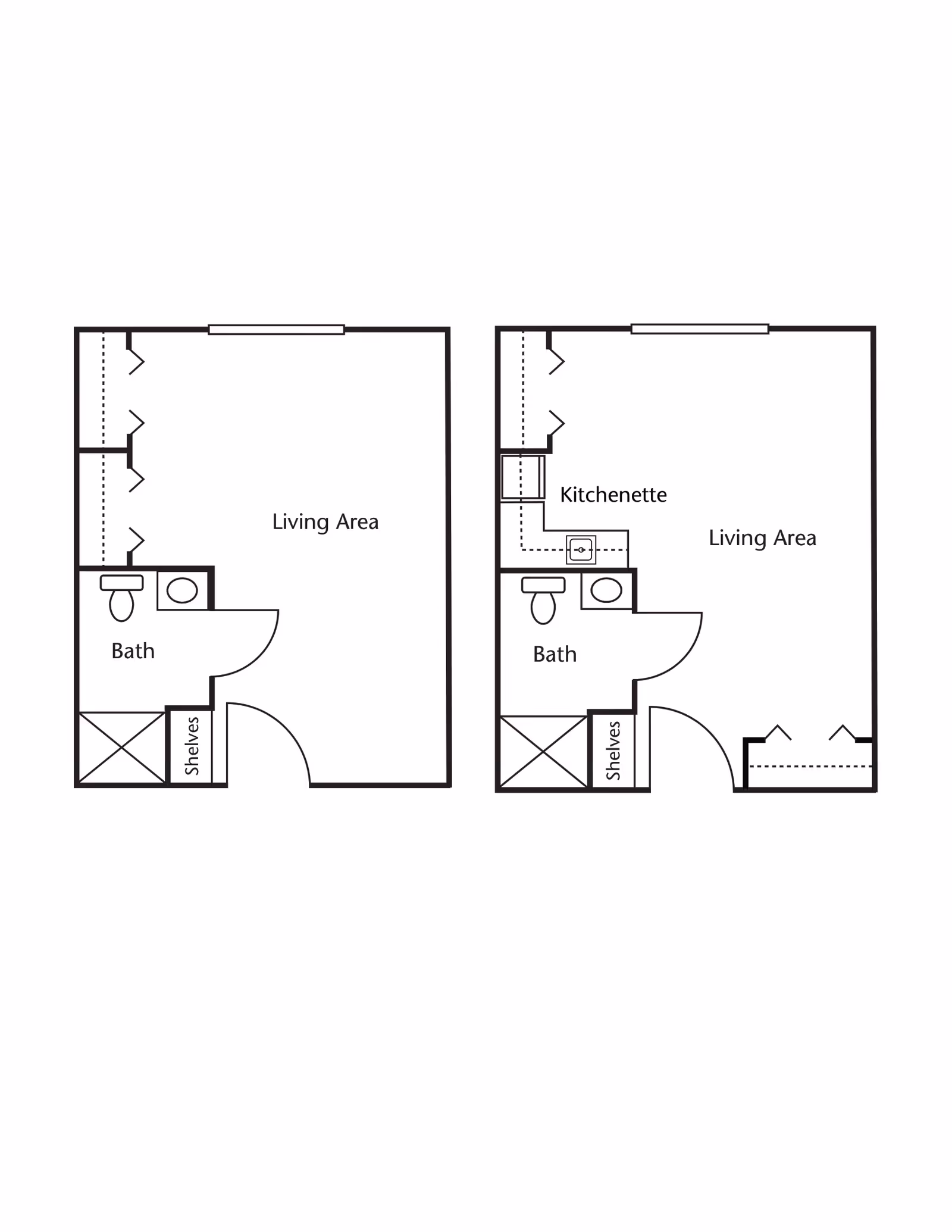 Two black and white architectural floor plans side by side. Each plan shows a living area, a bathroom with a toilet and sink, and shelves. The right floor plan also includes a kitchenette area with a sink and stove.