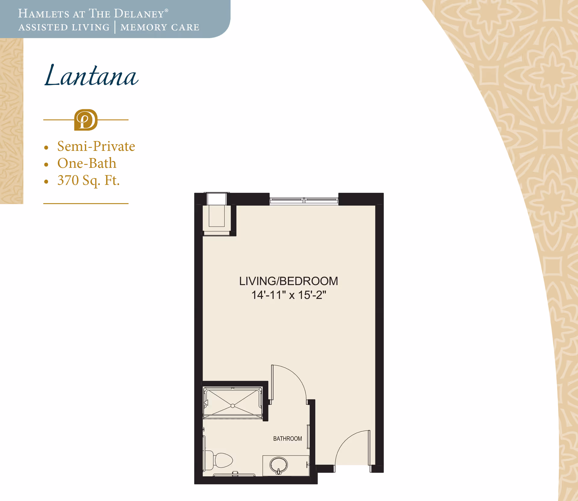 Floor plan layout of a semi-private assisted living unit named Lantana at Hamlets at The Delaney, showing a combined living and bedroom area measuring 14 feet 11 inches by 15 feet 2 inches, and a separate bathroom with a shower, toilet, and sink. The unit is 370 square feet with one bath.