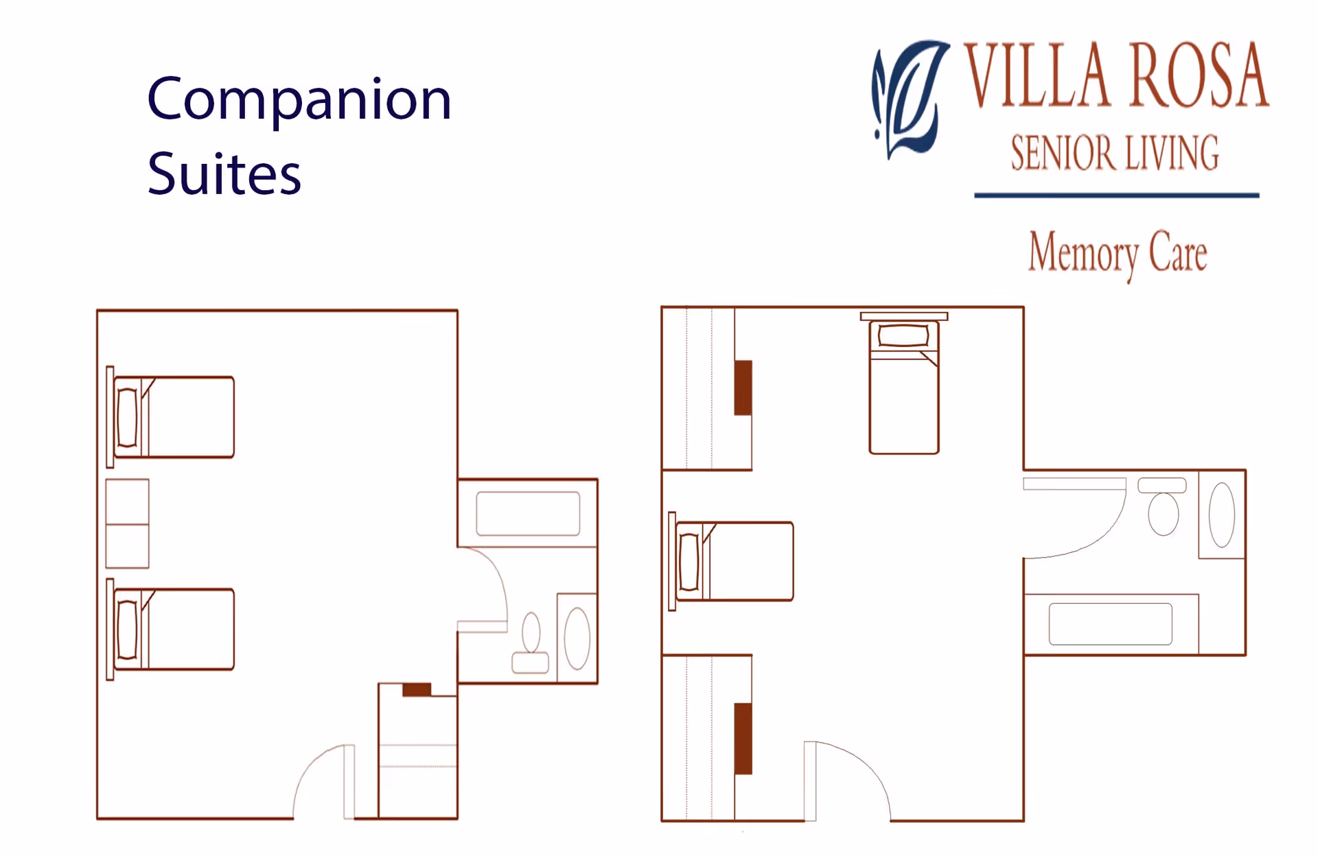 Floor plan layout of companion suites in a senior living memory care facility, showing two separate suite designs each with two beds, a bathroom with toilet and bathtub, and some furniture.