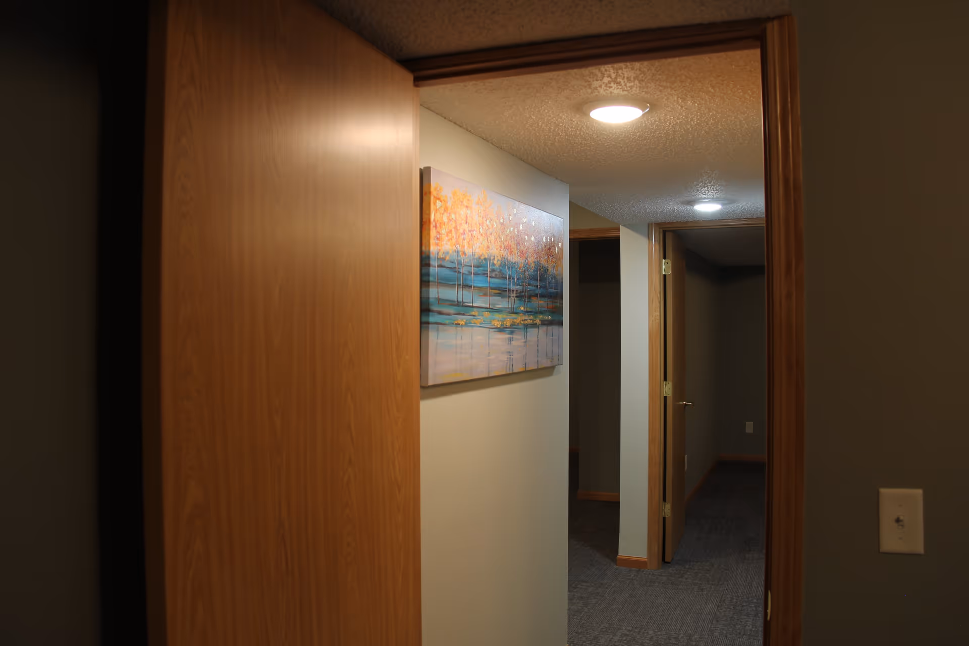 View through an open wooden door into a hallway with carpeted floor and beige walls. The hallway has two ceiling lights and a colorful painting of trees and water on the wall. Another open door is visible further down the hallway.