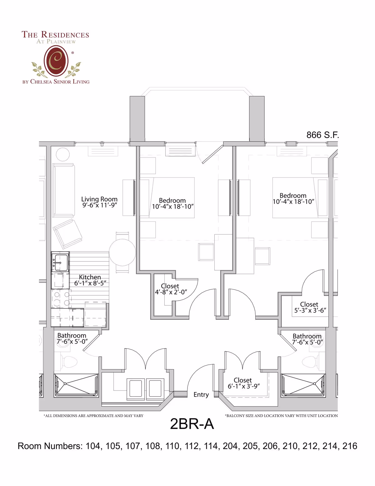 Floor plan of a 2-bedroom apartment unit labeled 2BR-A at The Residences at Plainview by Chelsea Senior Living, showing two bedrooms, two bathrooms, a living room, kitchen, closets, and an entry area with dimensions for each room.