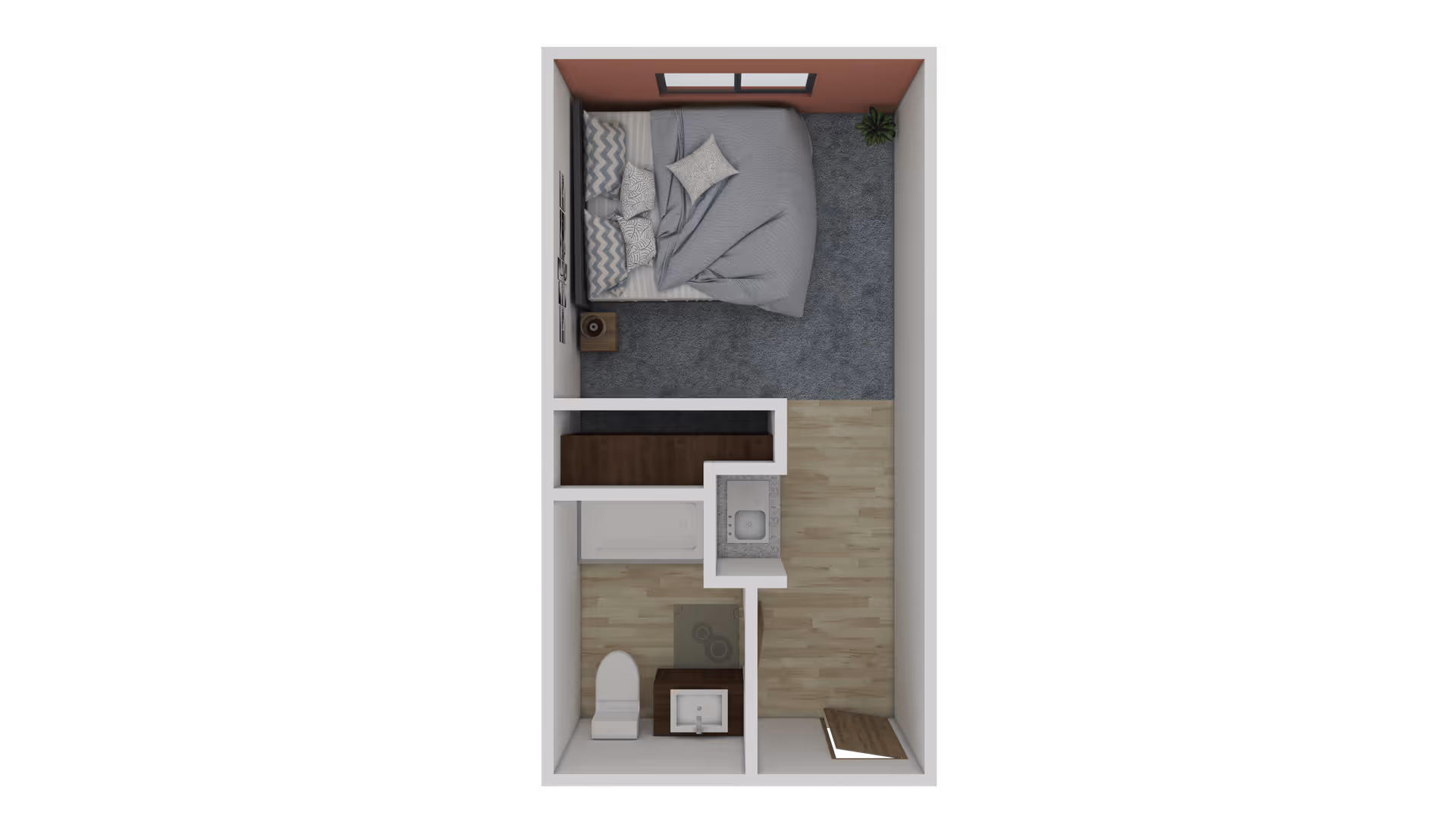 Top-down view of a small apartment floor plan featuring a bedroom with a bed, pillows, a nightstand, and a plant. Adjacent to the bedroom is a bathroom with a toilet, sink, and bathtub. The entrance area has a wooden floor and a small closet.