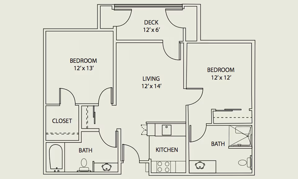 Floor plan of a senior living unit at Foothill Village Senior Living showing two bedrooms, two bathrooms, a kitchen, a living room, a closet, and a deck. The left bedroom measures 12 by 13 feet and includes a closet and a bathroom with a bathtub. The right bedroom measures 12 by 12 feet and has an attached bathroom with a shower. The living room is 12 by 14 feet and connects to a 12 by 6 feet deck. The kitchen is adjacent to the living room.
