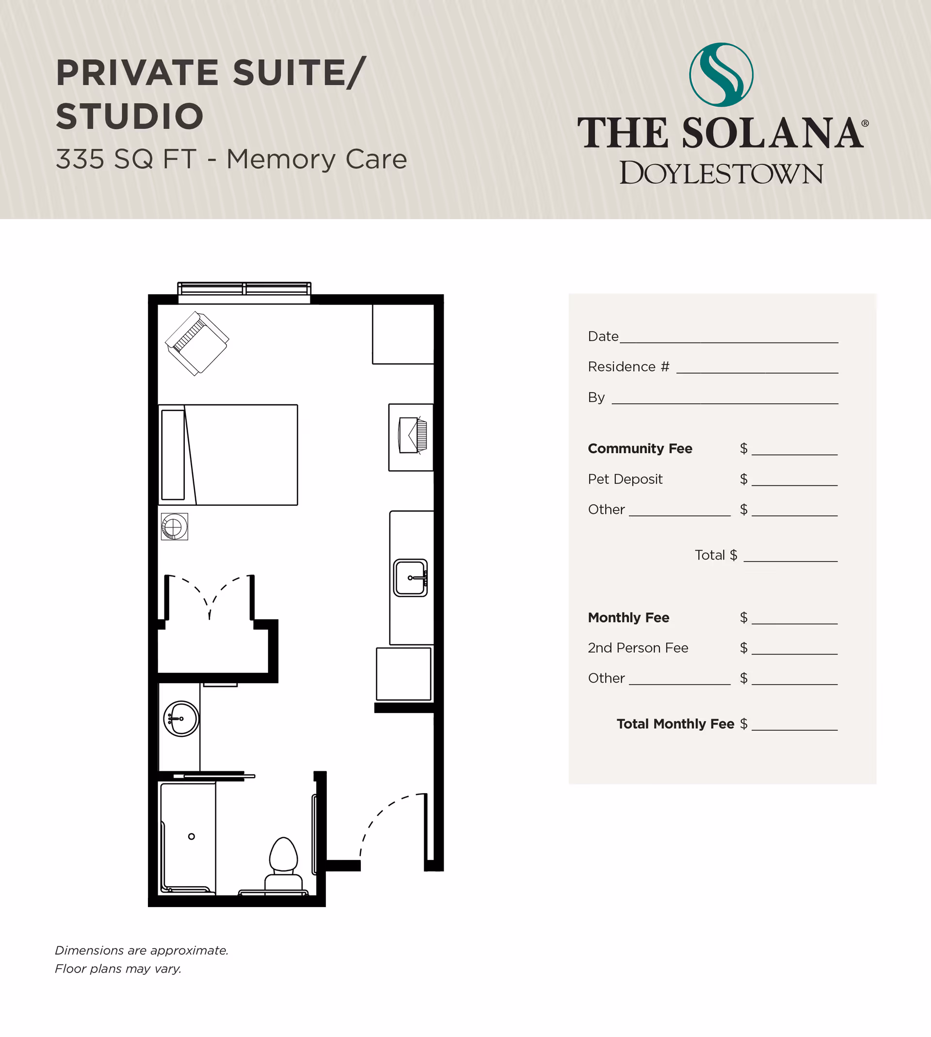 Floor plan layout of a private suite/studio for memory care at The Solana Doylestown, showing a 335 square feet space with a bed, chair, sink, closet, and bathroom with shower and toilet. There is also a section for fees and residence information on the right side.