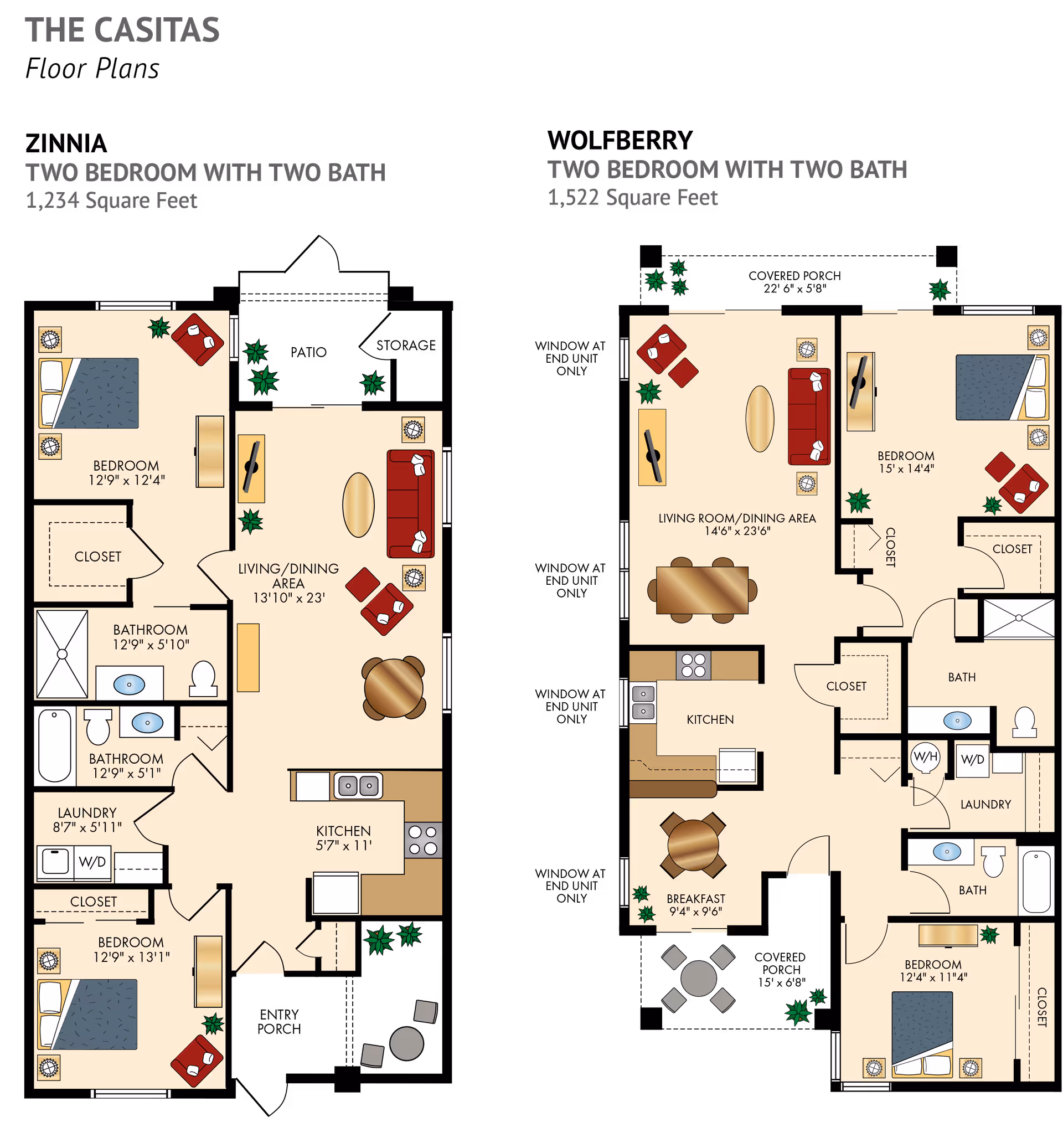 Floor plans for two types of two-bedroom, two-bath apartments at The Fountains at La Cholla. The left plan is 1,234 square feet with bedrooms, bathrooms, laundry, kitchen, and living/dining area. The right plan is 1,522 square feet with bedrooms, bathrooms, laundry, kitchen, breakfast area, and living room/dining area.