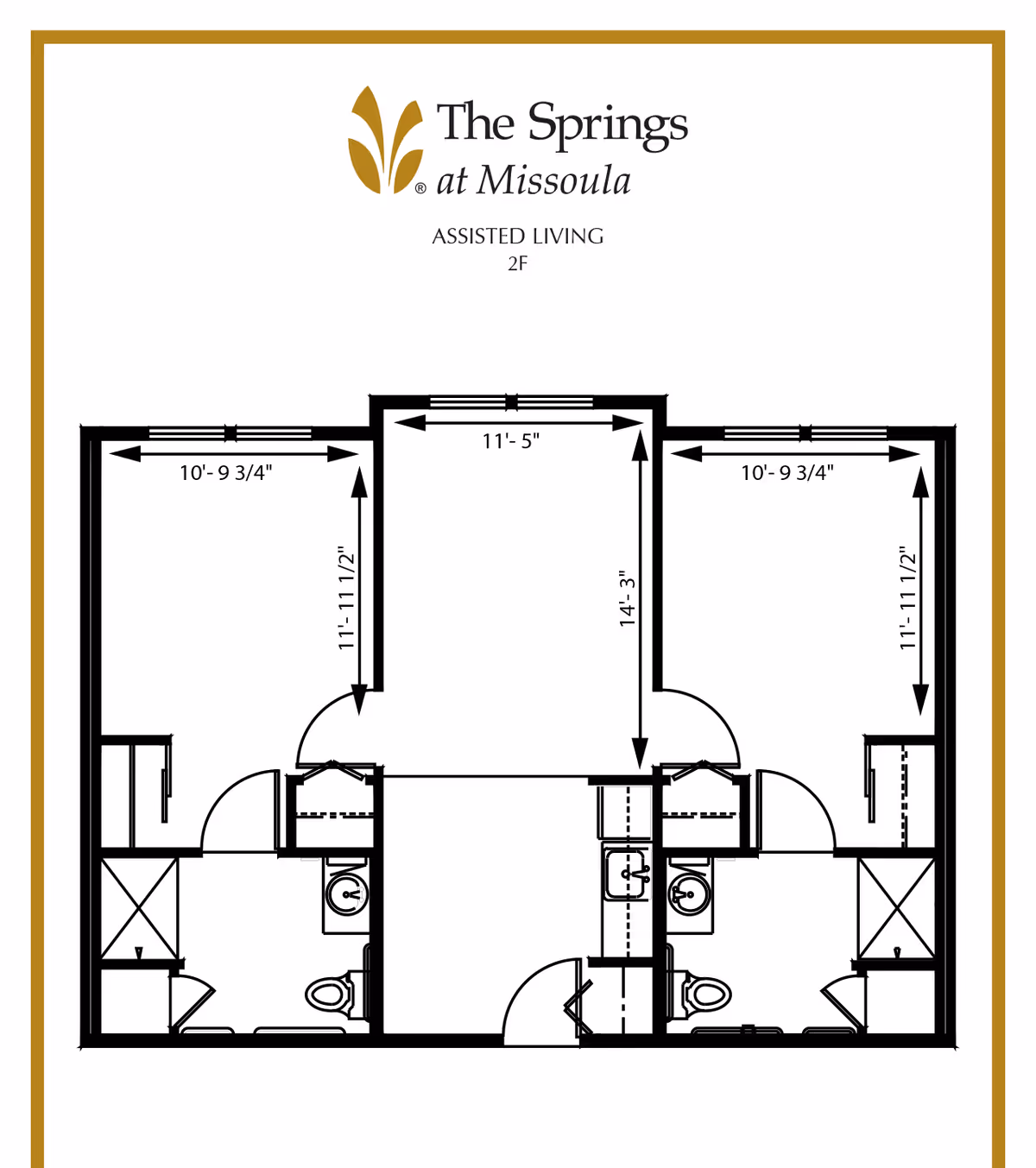 Floor plan layout of an assisted living unit at The Springs at Missoula, showing two bedrooms, two bathrooms, and a central living area with measurements for each room.