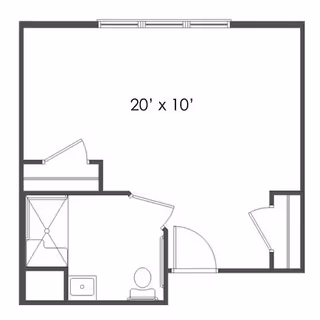 Architectural floor plan showing a room measuring 20 feet by 10 feet with an attached bathroom that includes a shower, toilet, and sink.