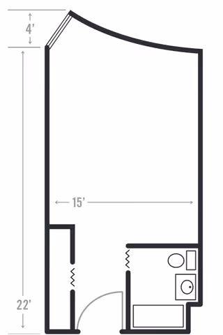 Floor plan of a room layout measuring 22 feet by 15 feet with a small bathroom area including a toilet and sink, and an entry door. The top wall is curved with a 4-foot angled section.