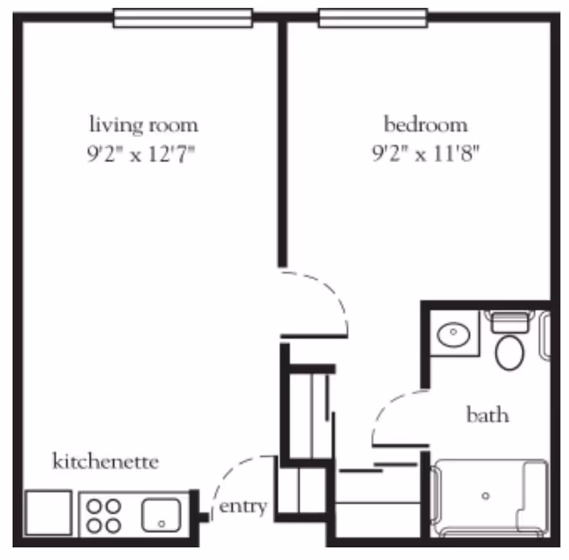 Floor plan of a small apartment unit showing a living room measuring 9 feet 2 inches by 12 feet 7 inches, a bedroom measuring 9 feet 2 inches by 11 feet 8 inches, a kitchenette, an entry area, and a bathroom with a sink, toilet, and bathtub.