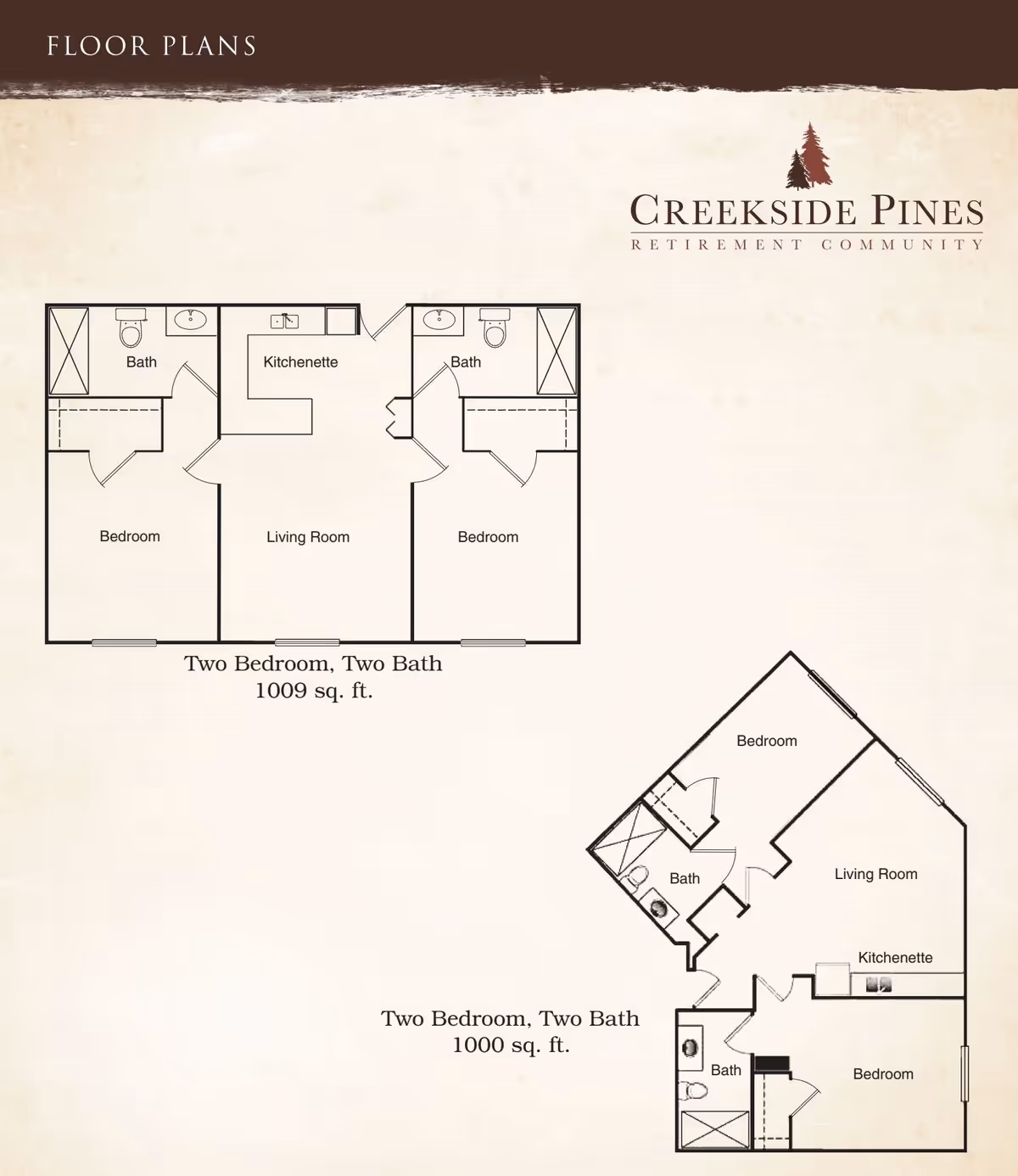 Floor plans for Creekside Pines Retirement Community showing two layouts of two-bedroom, two-bath apartments with living rooms and kitchenettes, each approximately 1000 square feet.