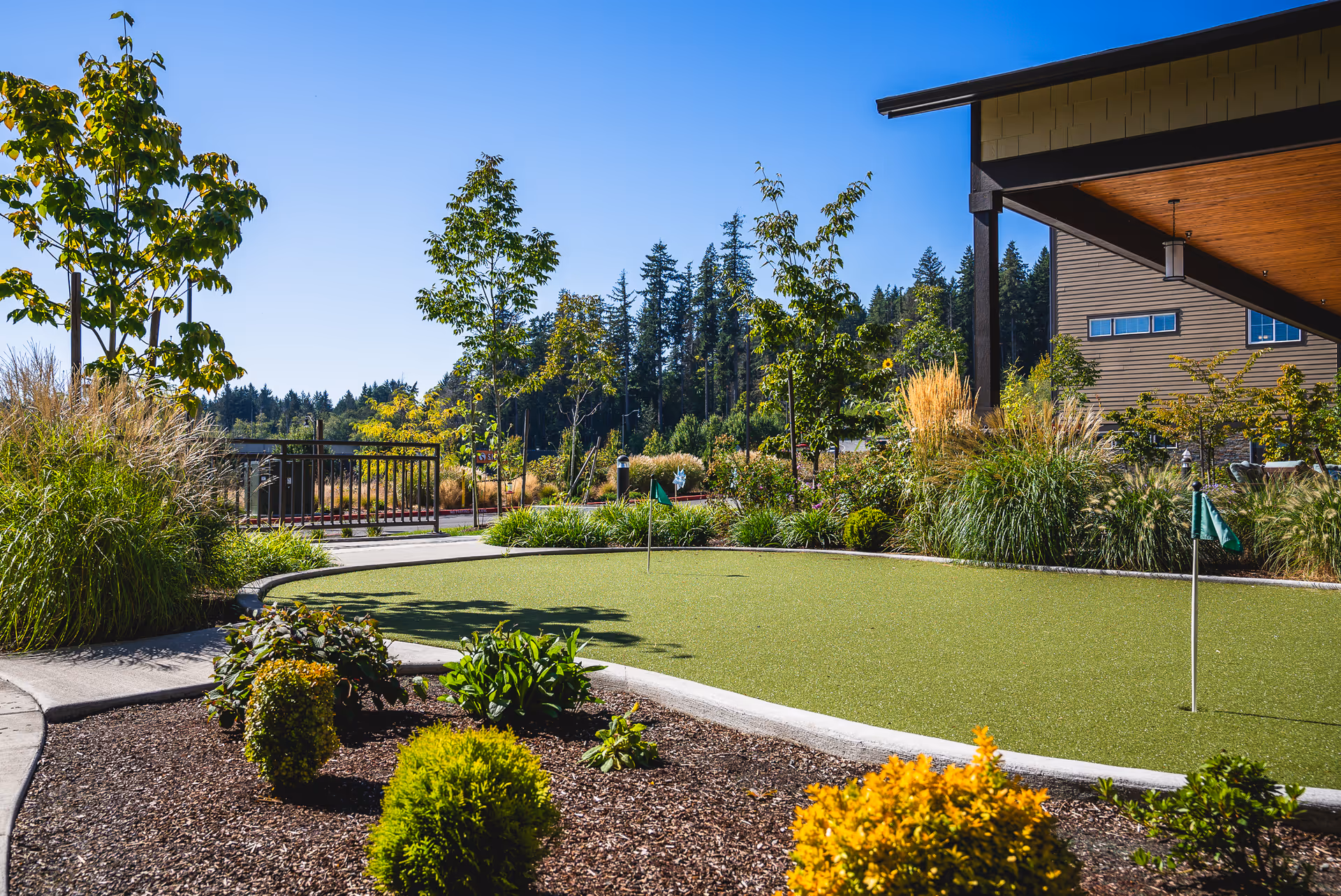 Sunlit outdoor putting green surrounded by landscaped plants and a building overhang.