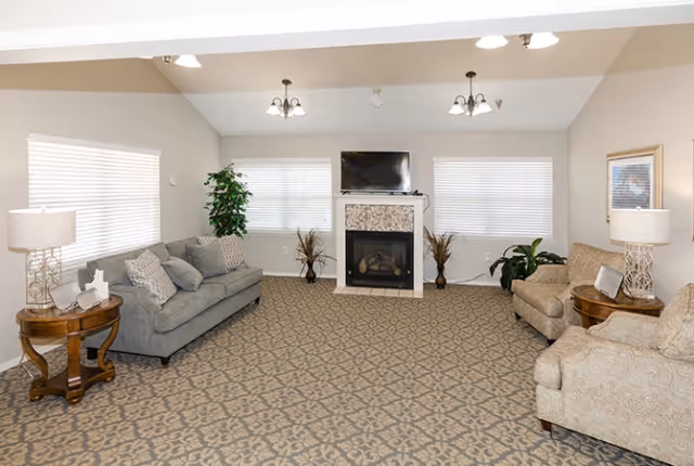Cozy living room with two sofas, a fireplace, and decorative plants.
