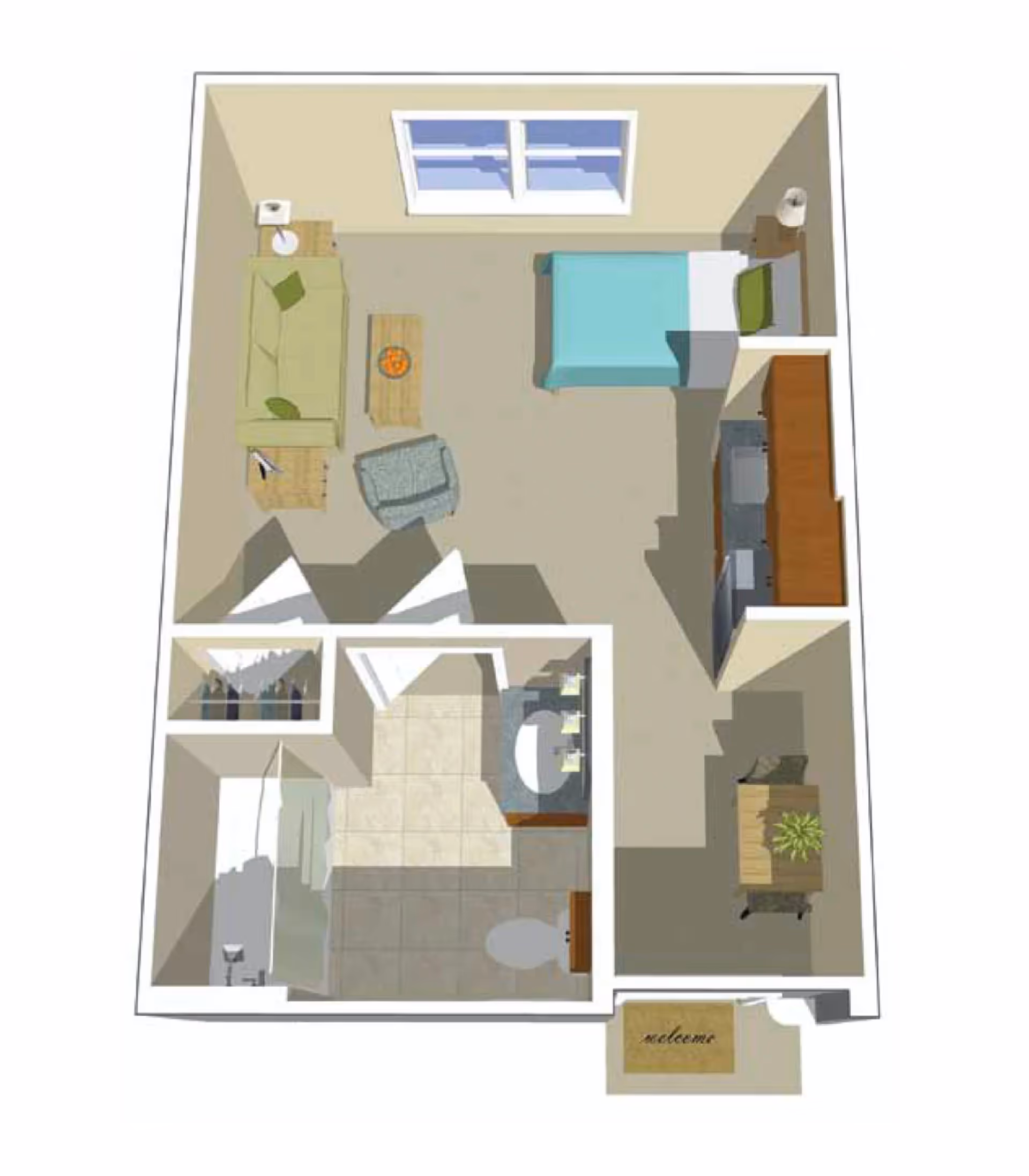 3D floor plan of a small assisted living apartment featuring a combined living and bedroom area with a bed, sofa, armchair, coffee table, and side tables. The apartment includes a kitchenette with cabinets and appliances, a bathroom with a shower, toilet, and sink, and a small entryway with a welcome mat. There is also a closet near the bathroom.