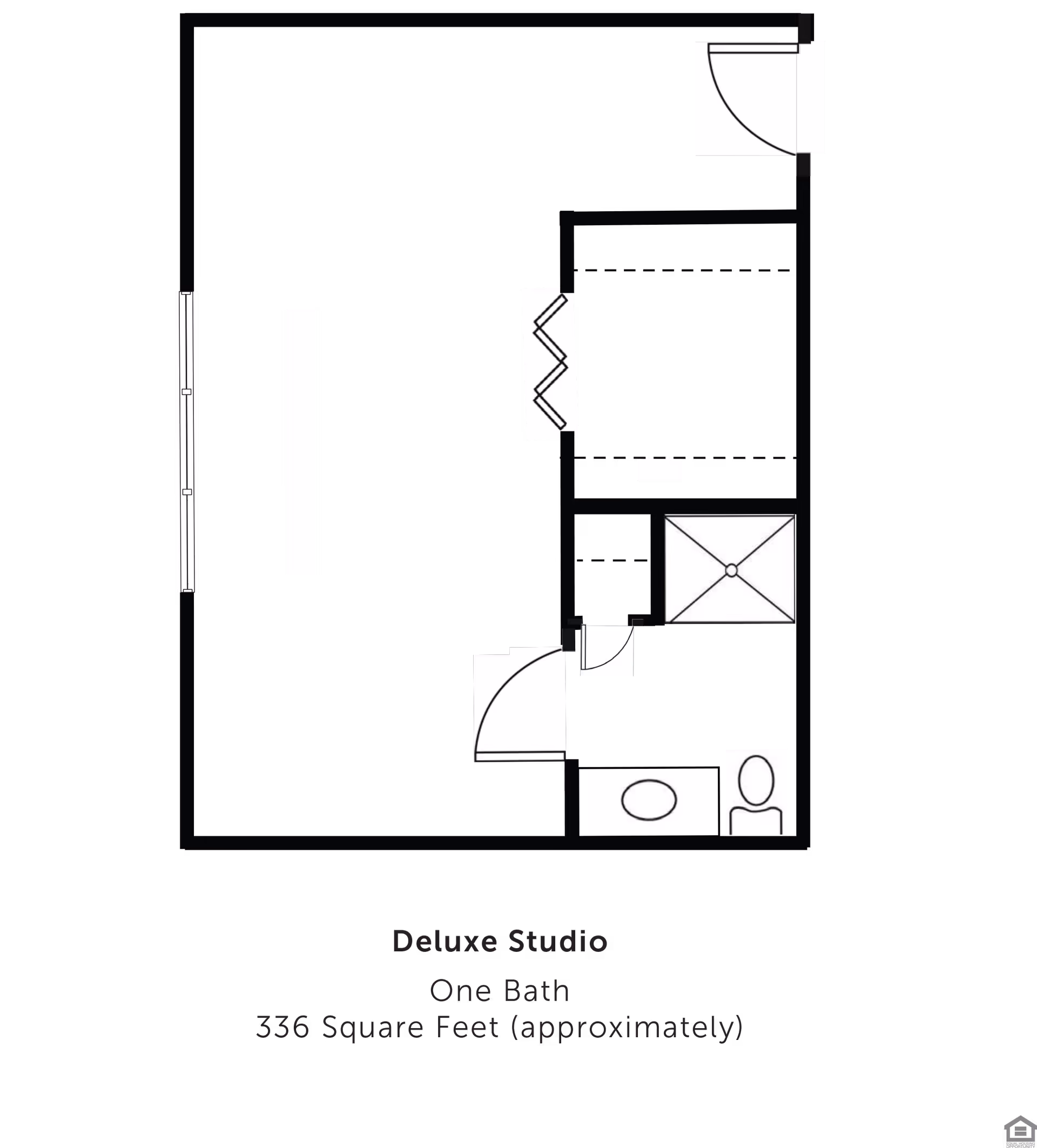 Floor plan layout of a Deluxe Studio apartment with one bathroom, approximately 336 square feet. The plan shows the entrance, a main living area, a bathroom with a toilet and sink, and a shower area.