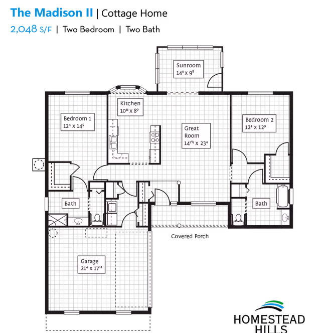 Architectural floor plan of The Madison II, a 2,048 square foot home featuring two bedrooms, two bathrooms, a kitchen, a great room, a sunroom, a garage, and a covered porch.