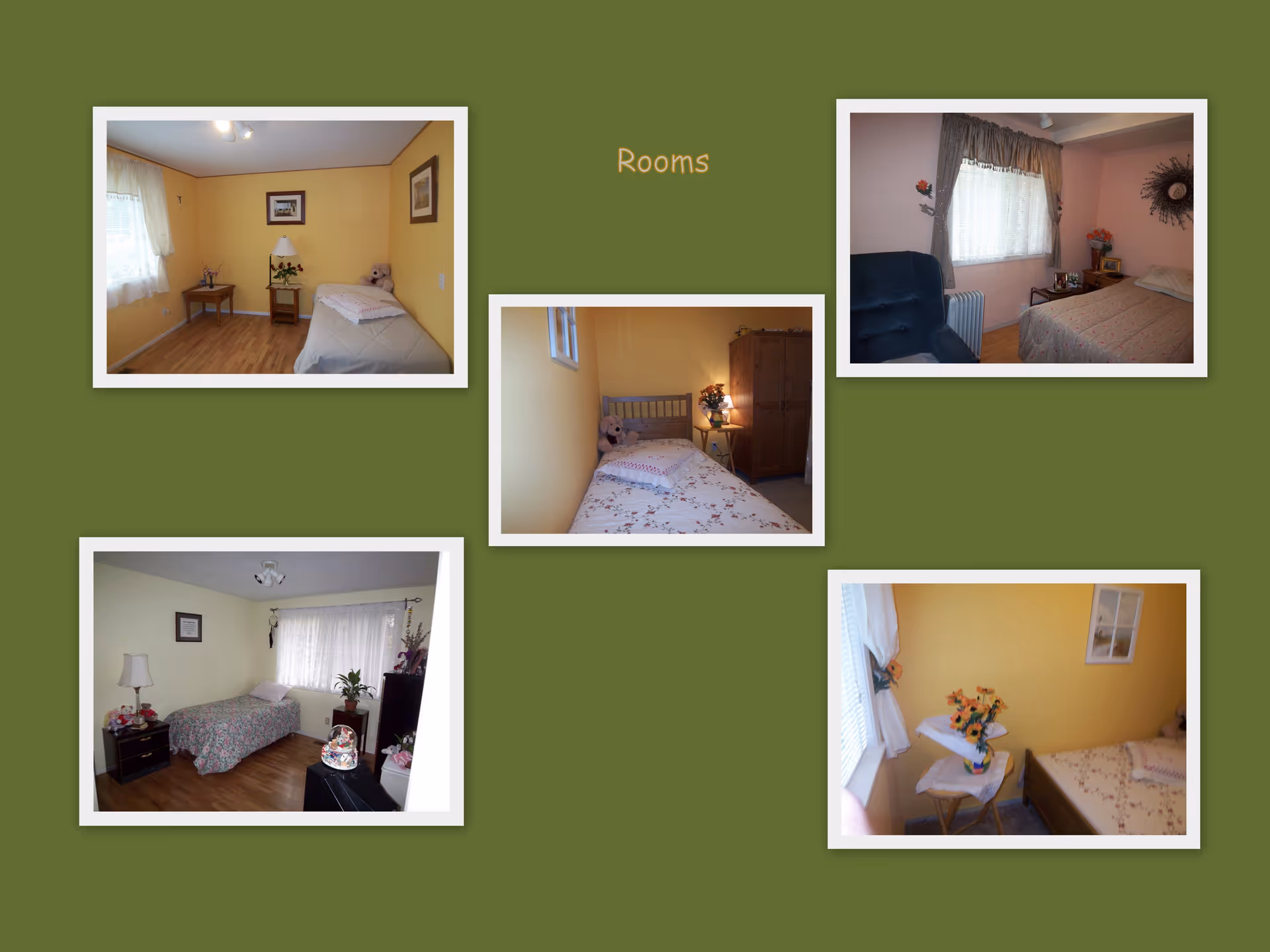 A collage of five photographs showing different bedrooms in a senior living facility. Each room features a single bed with bedding, bedside tables, lamps, and some decorative items like flowers and framed pictures. The background is olive green with the word 'Rooms' written in the center.