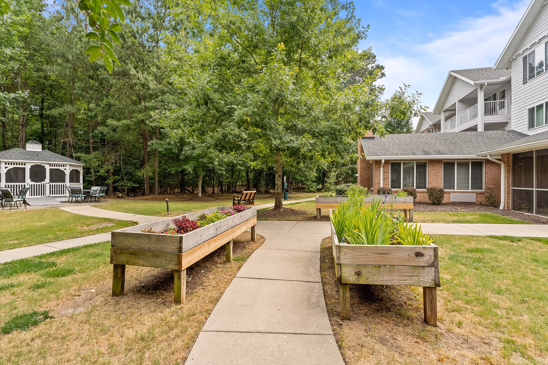 Outdoor garden area at Colonial Harbor Gracious Retirement Living featuring raised wooden planter boxes with various plants, a paved walkway, a white gazebo with chairs and tables, surrounded by trees and a multi-story residential building.