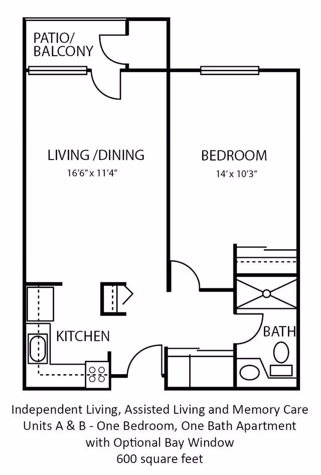 Floor plan of a one-bedroom, one-bath apartment at The Amberleigh showing a living/dining area, kitchen, bedroom, bathroom, and a patio/balcony. The living/dining area measures 16 feet 6 inches by 11 feet 4 inches, and the bedroom measures 14 feet by 10 feet 3 inches. The layout includes an optional bay window and totals 600 square feet.