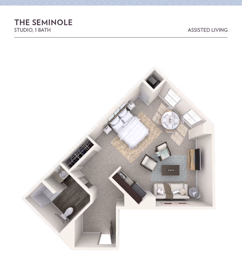 3D floor plan of The Seminole studio apartment with 1 bathroom in an assisted living facility. The layout includes a combined living and sleeping area with a bed, two nightstands, a small dining table with four chairs near windows, a sitting area with a sofa, two armchairs, a coffee table, and a TV stand. The kitchen area has a counter with a sink and appliances. The bathroom includes a shower, toilet, and sink. There is also a closet space near the bathroom.