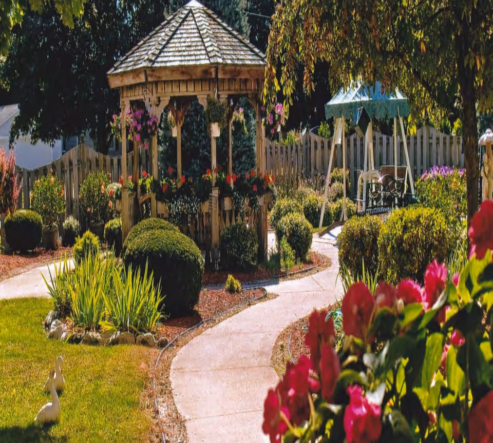 A sunny outdoor garden with a wooden gazebo, winding paved path, trimmed shrubs and bright flowers.