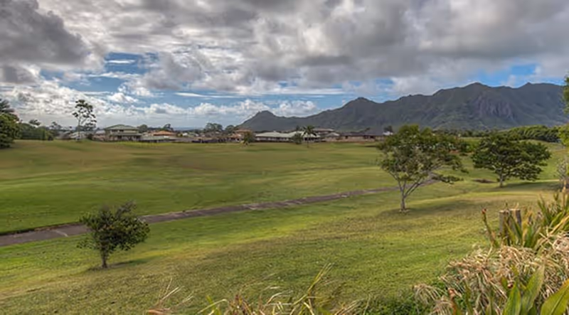 A wide view of a grassy outdoor area with a few scattered trees, a paved path, and a backdrop of mountains under a cloudy sky.