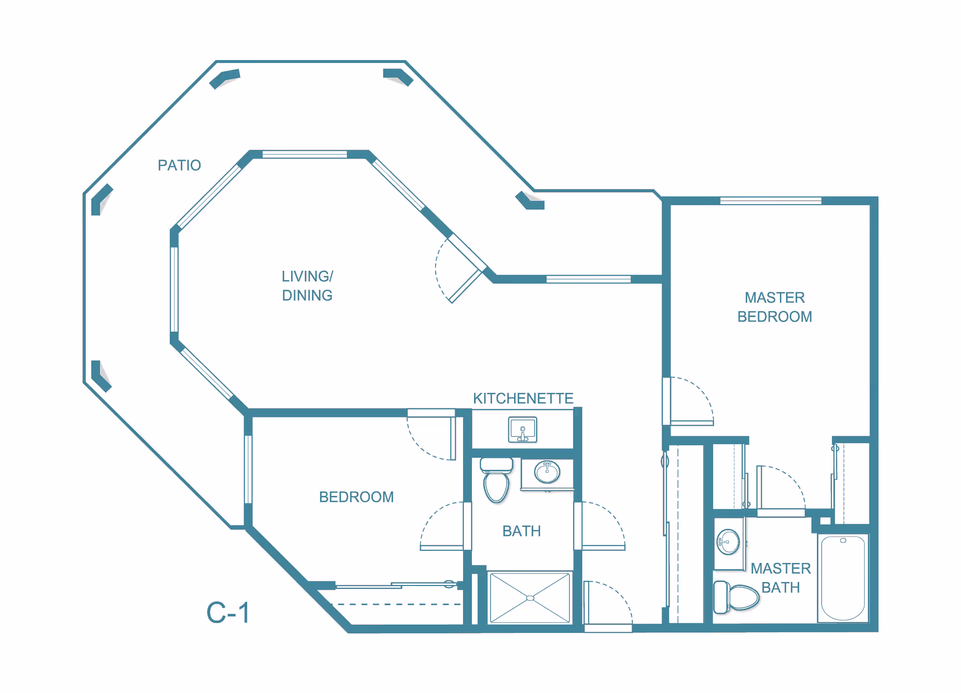 Architectural floor plan of a senior living unit at Sierra Hills showing a patio, living/dining area, kitchenette, bedroom, bath, master bedroom, and master bath.