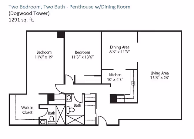 Floor plan of a two-bedroom, two-bath penthouse apartment named Dogwood Tower with a total area of 1291 square feet. The layout includes two bedrooms, two bathrooms, a walk-in closet, a kitchen, a dining area, and a living area with dimensions labeled for each room.