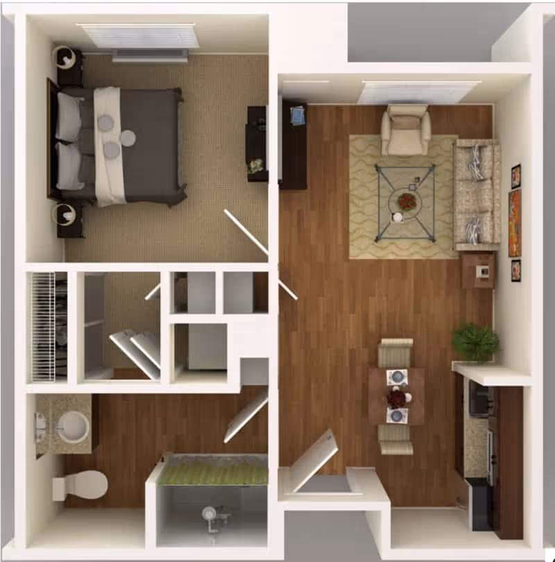 Top-down view of a senior living apartment floor plan showing a bedroom with a bed and nightstands, a bathroom with a toilet, sink, and shower, a living room with a sofa, armchair, coffee table, and TV stand, and a kitchen area with dining table and chairs, refrigerator, and stove.