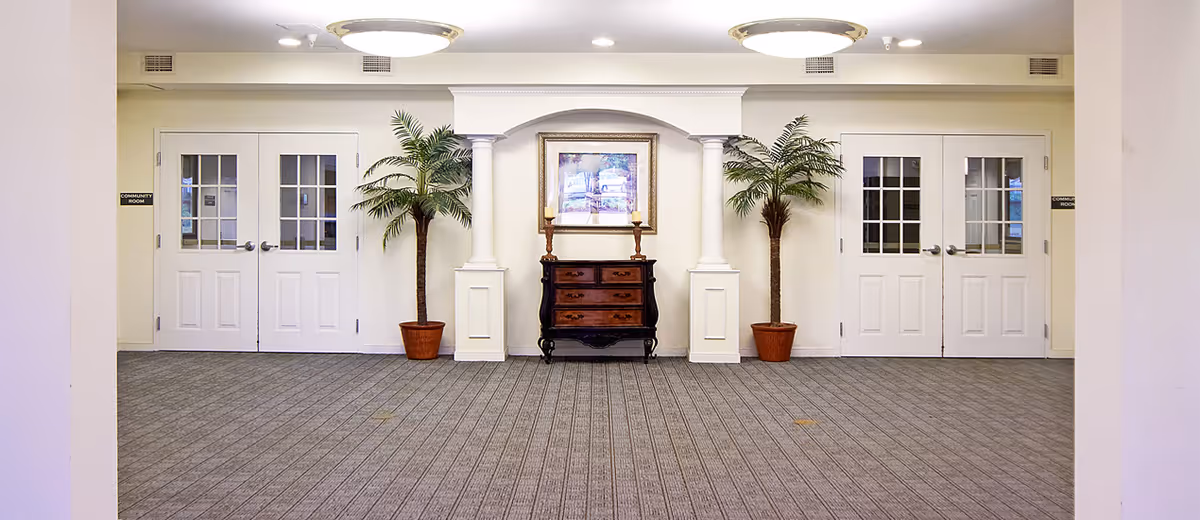 Spacious interior hallway with double white doors, decorative columns, potted palm plants, and a small wooden chest beneath a framed painting.