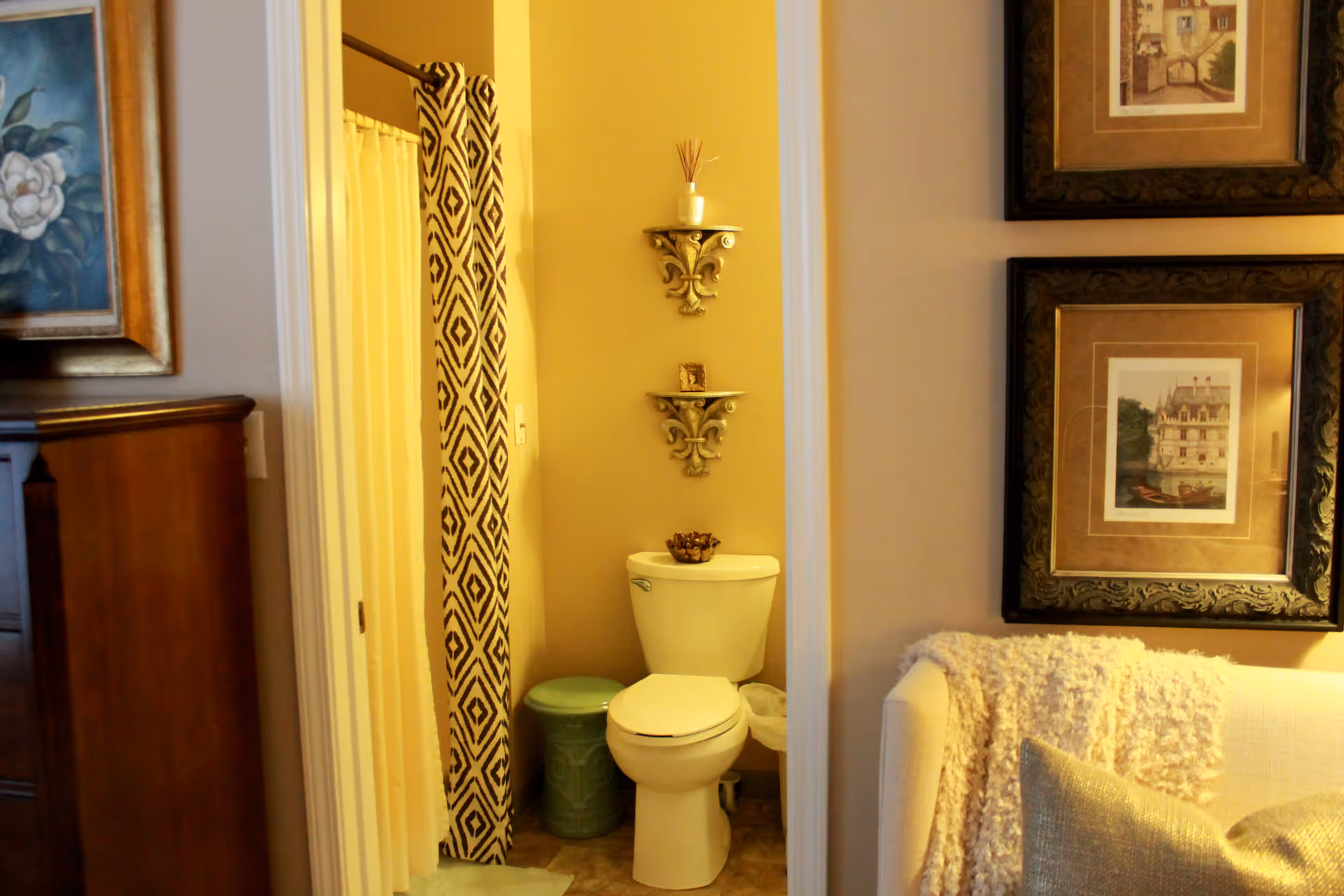 View of a small bathroom with a white toilet, a green trash bin, and a shower with a patterned curtain. The bathroom is adjacent to a living area with a white couch, a textured throw blanket, and framed artwork on the wall.