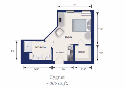 Architectural floor plan of a 306 square feet living space named Cygnet at Aravilla Sarasota, showing a living area with a bed and chair, a kitchenette, a bathroom with a shower, sink, and toilet, and a closet. Dimensions of each section are marked.