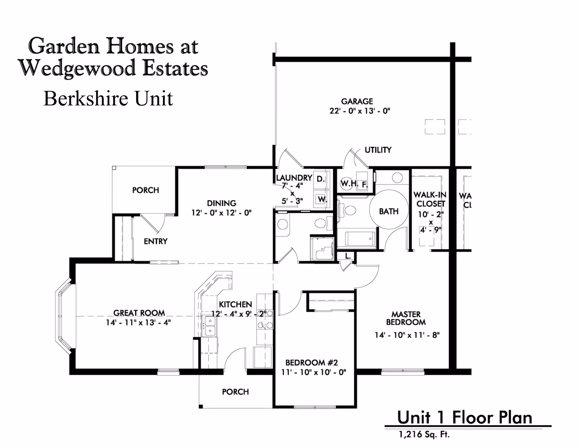 Floor plan of the Berkshire Unit at Garden Homes at Wedgewood Estates showing layout including porch, entry, dining room, great room, kitchen, laundry, utility, bath, walk-in closet, master bedroom, bedroom #2, and garage. The total area is 1,216 square feet.