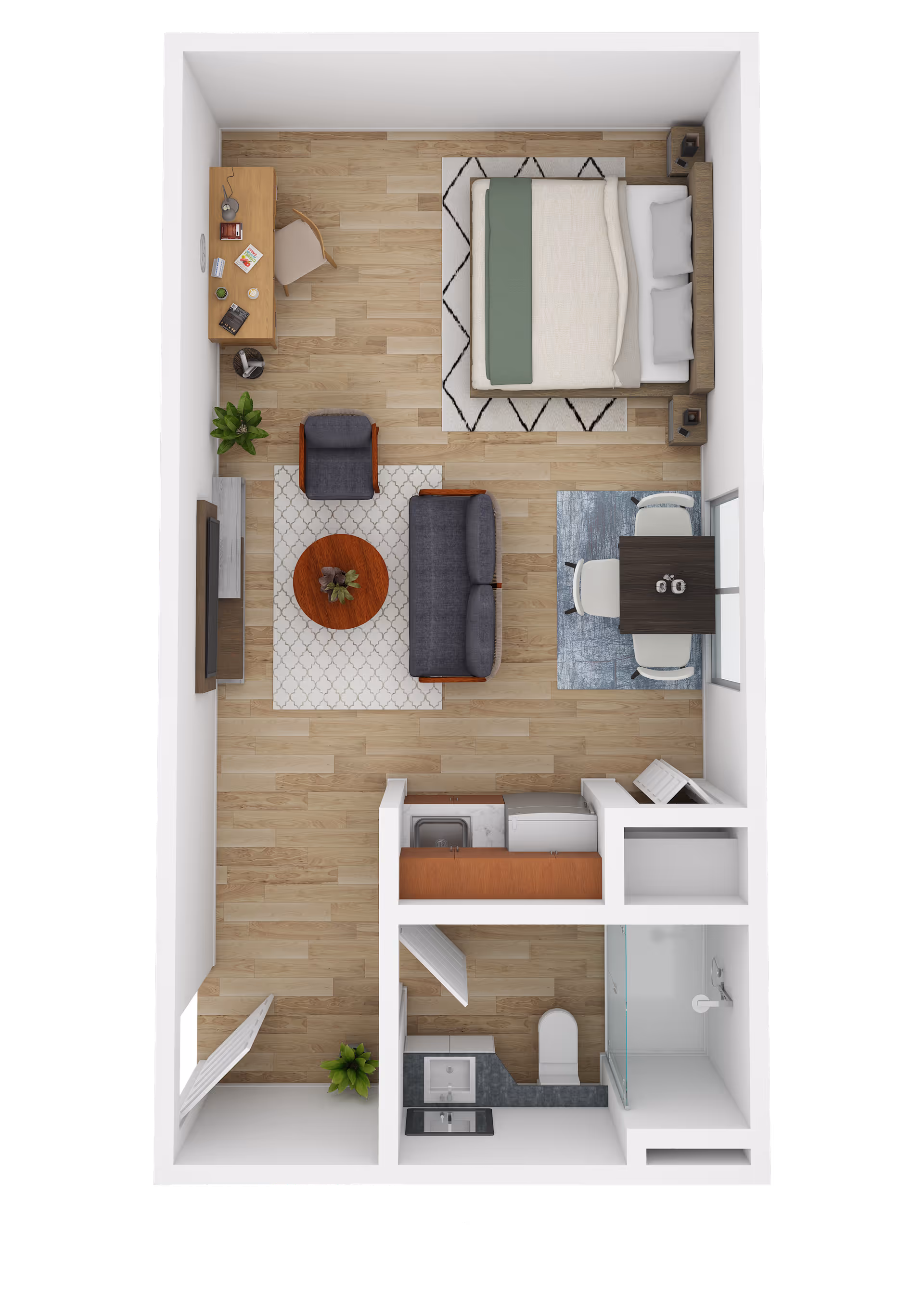 Top-down 3D floor plan of a studio apartment showing a bed, seating area, dining table, kitchenette and bathroom.