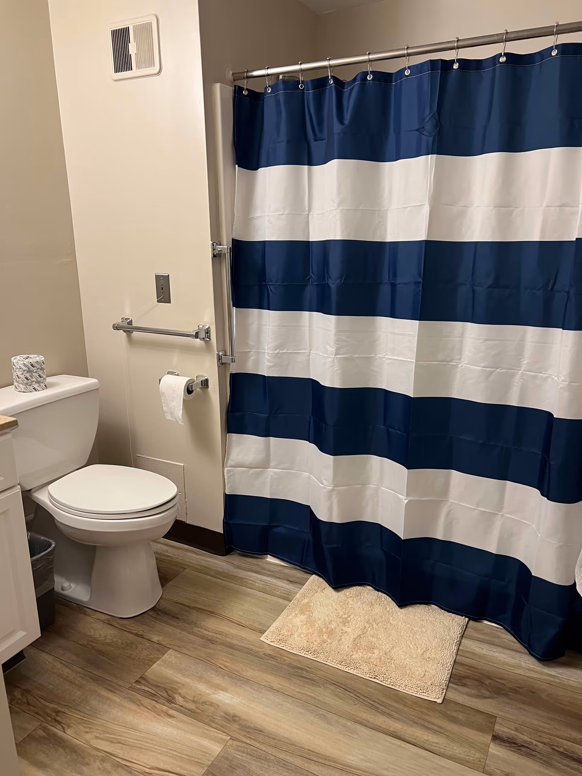 A bathroom with a white toilet, a roll of toilet paper on a holder, a blue and white striped shower curtain, a beige bath mat, and wood-patterned flooring.
