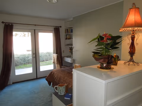 A cozy bedroom with a bed covered in a brown blanket, a small white dresser with a potted plant and a decorative lamp on top, a small desk with shelves in the corner, and double glass doors with brown curtains leading outside to a garden area.