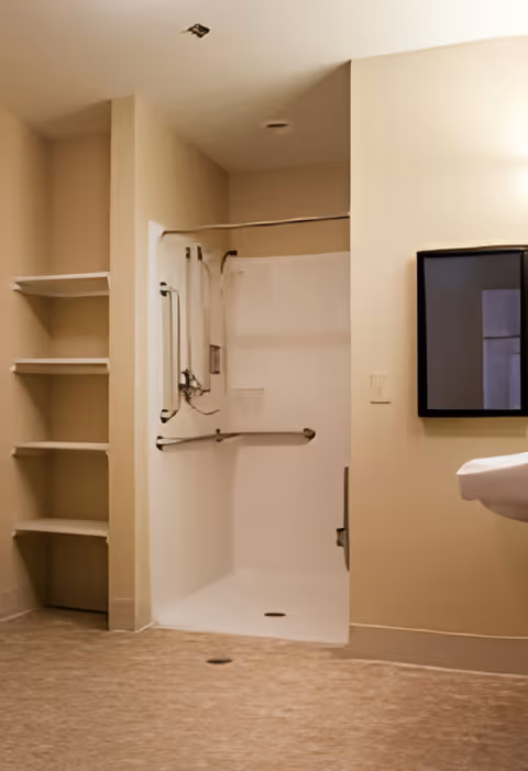 A bathroom with a walk-in shower featuring grab bars and a handheld showerhead. There are built-in shelves on the left side and a wall-mounted sink with a mirror on the right side. The walls and floor are light-colored.