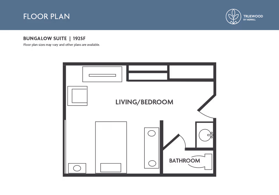 Floor plan layout of a bungalow suite at Truewood by Merrill, Taylorsville, showing a combined living and bedroom area with furniture placement and a separate bathroom.