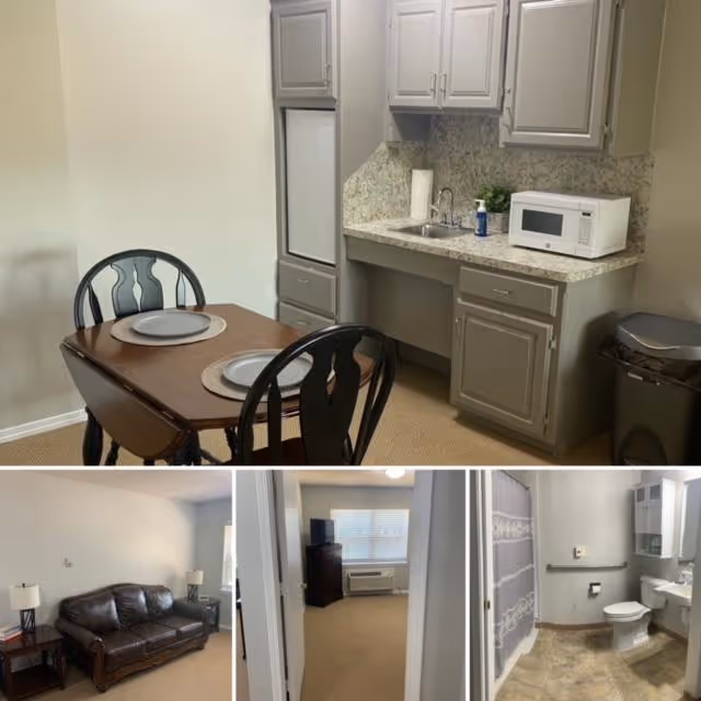 Compact interior of a senior living suite showing a kitchenette with cabinets, sink, microwave and a small dining table, with smaller inset images of a living room, bedroom and bathroom.