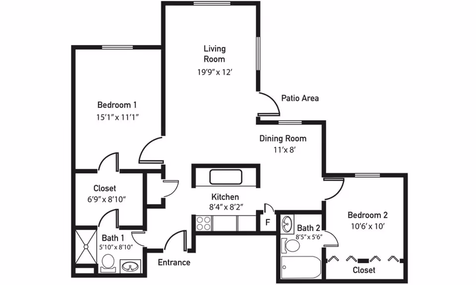 Floor plan of a residential unit at Brookstone Estates of Effingham showing two bedrooms, two bathrooms, a living room, dining room, kitchen, closets, entrance, and a patio area with dimensions labeled.