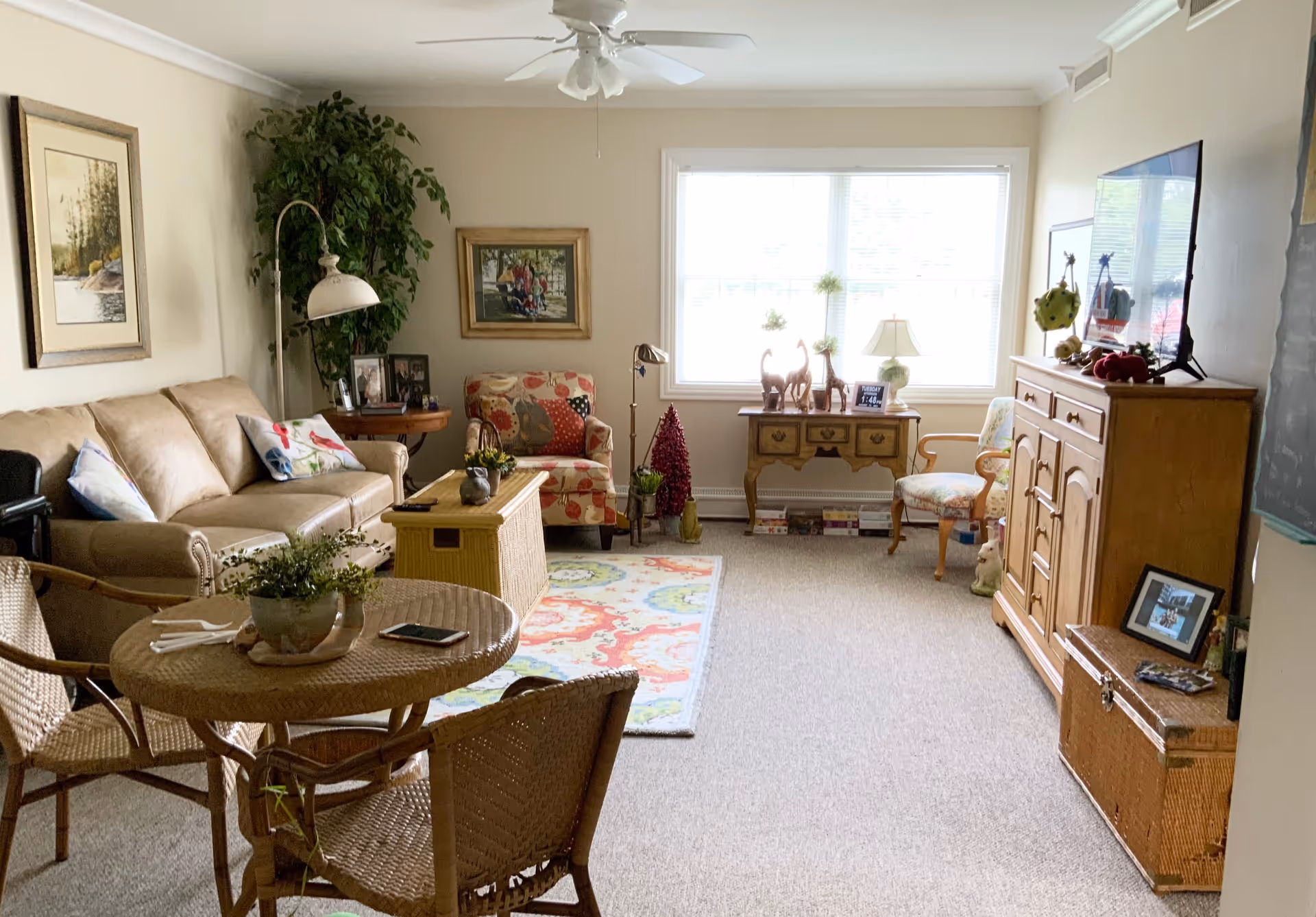 A cozy living room with a beige leather sofa, a patterned armchair, a round wicker table with two wicker chairs, a colorful area rug, a wooden cabinet with a TV on top, and a large window letting in natural light. The room is decorated with plants, framed pictures, and small decorative items.