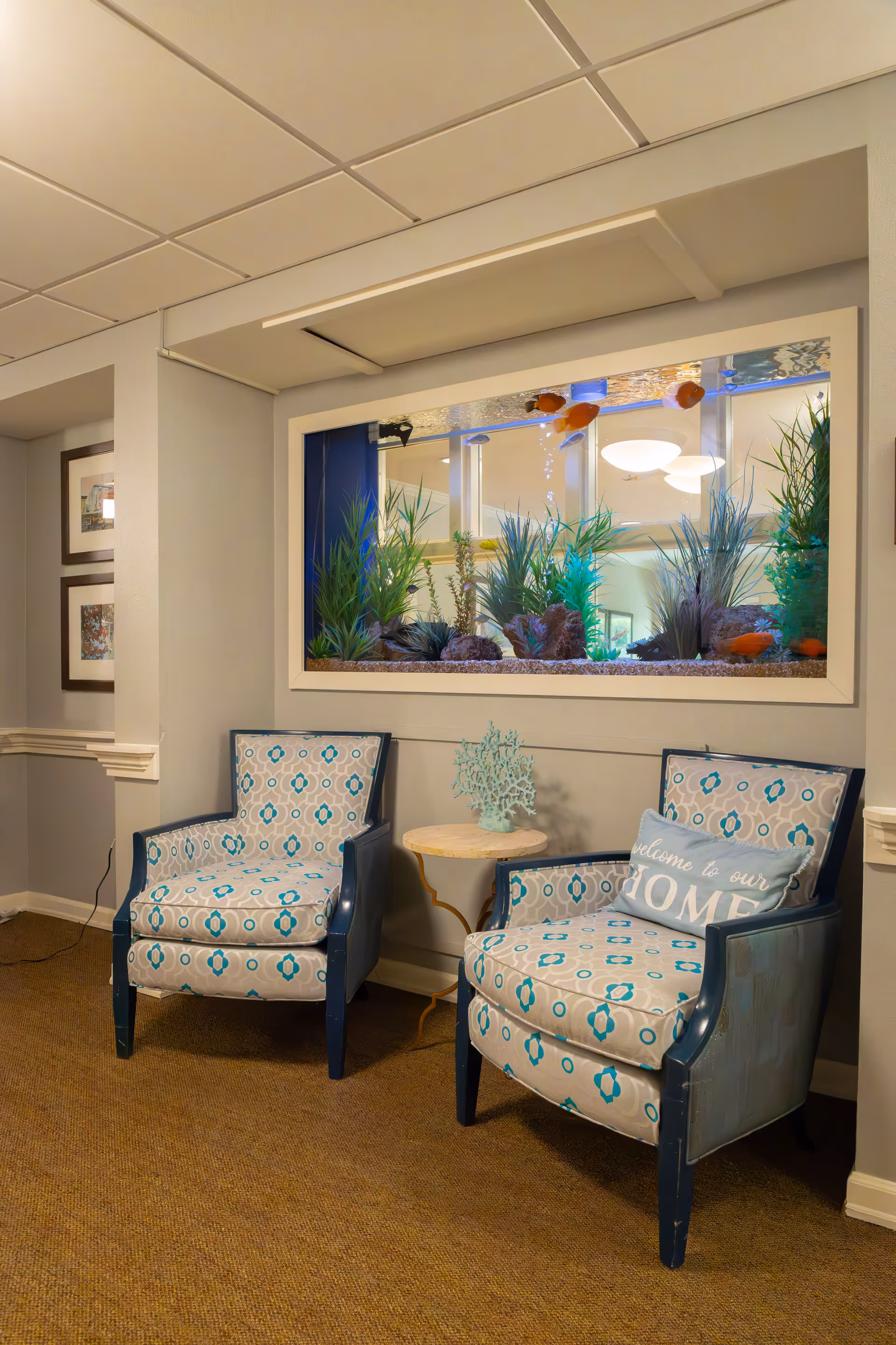 A cozy seating area with two patterned armchairs featuring blue and beige designs, separated by a small round wooden table with a decorative coral piece. Behind the chairs is a large built-in aquarium with green plants and orange fish, set into a light gray wall. The room has a carpeted floor and a drop ceiling with recessed lighting.