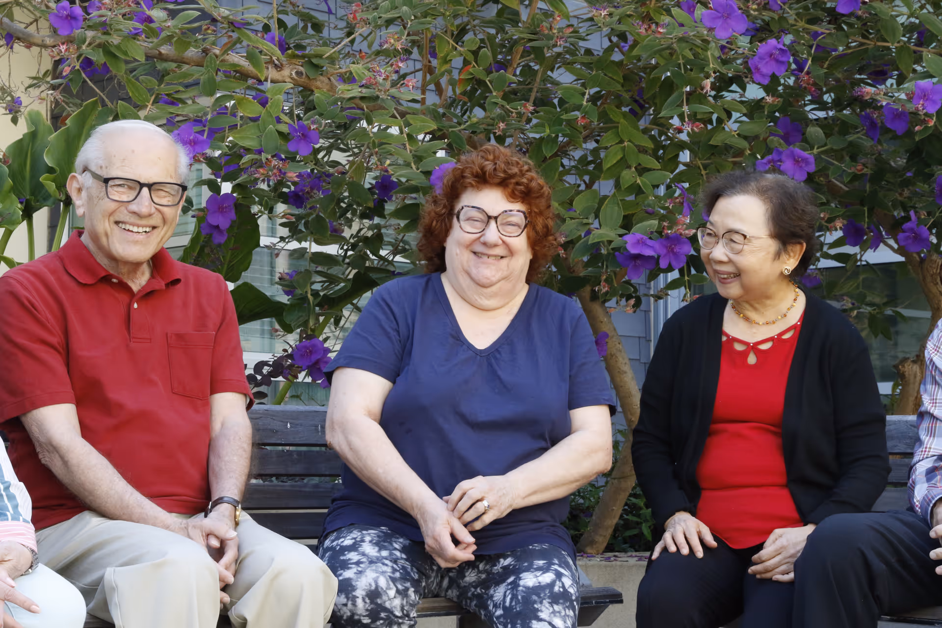 Three elderly people sitting on a bench outdoors in front of a flowering bush with purple flowers, smiling and enjoying each other's company.