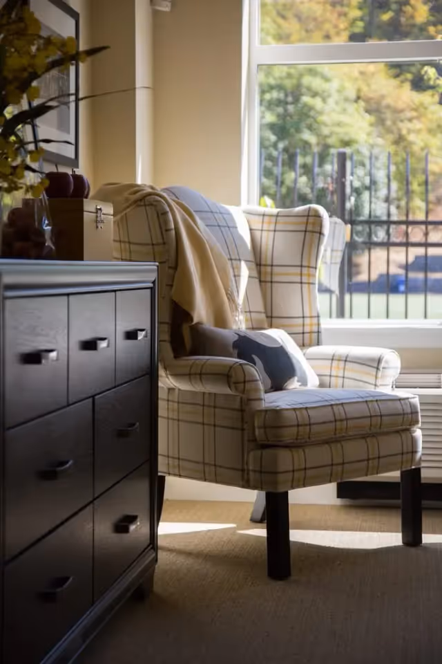 A cozy corner of a room featuring a plaid upholstered armchair with a decorative pillow and a beige throw blanket draped over one arm. Next to the chair is a dark wooden dresser with multiple drawers. A large window behind the chair lets in natural light and shows a view of greenery and a black metal fence outside.