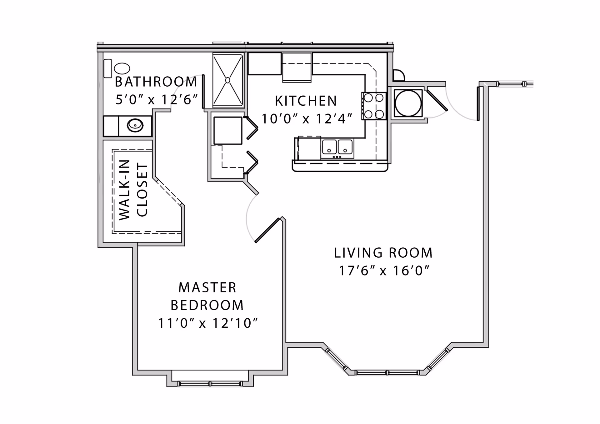 Floor plan of a living space at Gentry Estates showing a master bedroom with walk-in closet, bathroom, kitchen, and living room with dimensions.