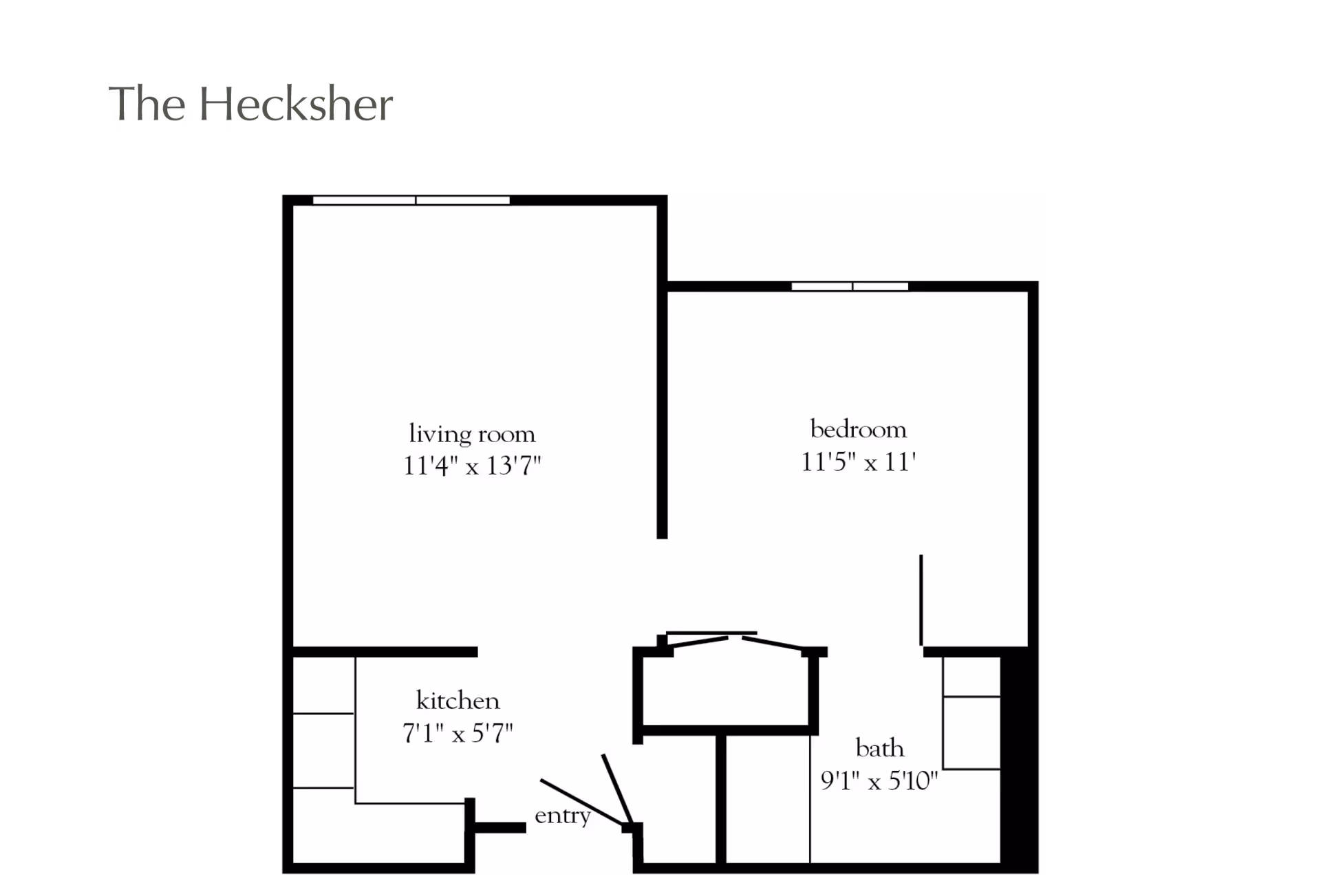 Floor plan titled The Hecksher showing a layout with a living room measuring 11'4" x 13'7", a bedroom measuring 11'5" x 11', a kitchen measuring 7'1" x 5'7", a bath measuring 9'1" x 5'10", and an entry area.
