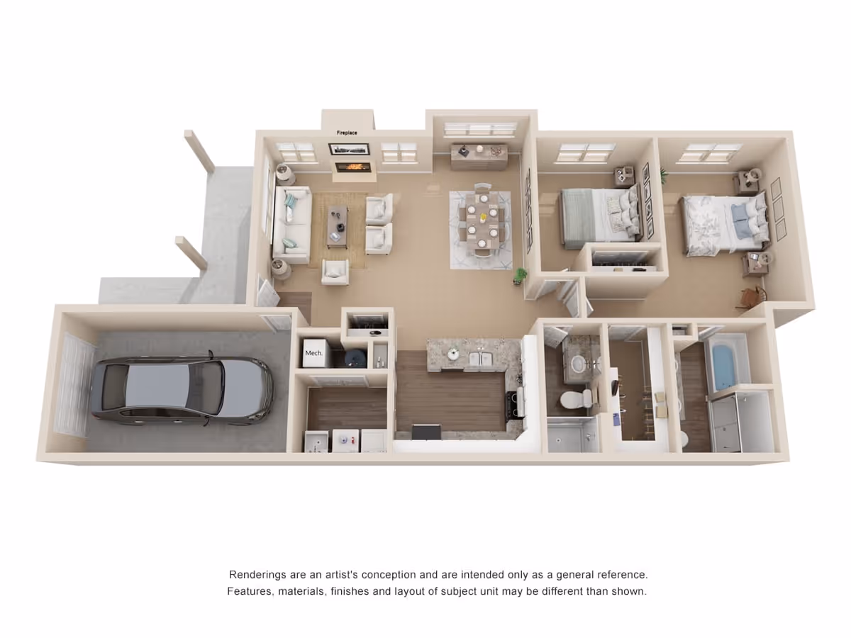3D rendered floor plan of a two-bedroom apartment showing a garage, living room with fireplace, dining area, kitchen, two bathrooms, and a patio.